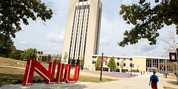NIU sculpture and Holmes Student Center